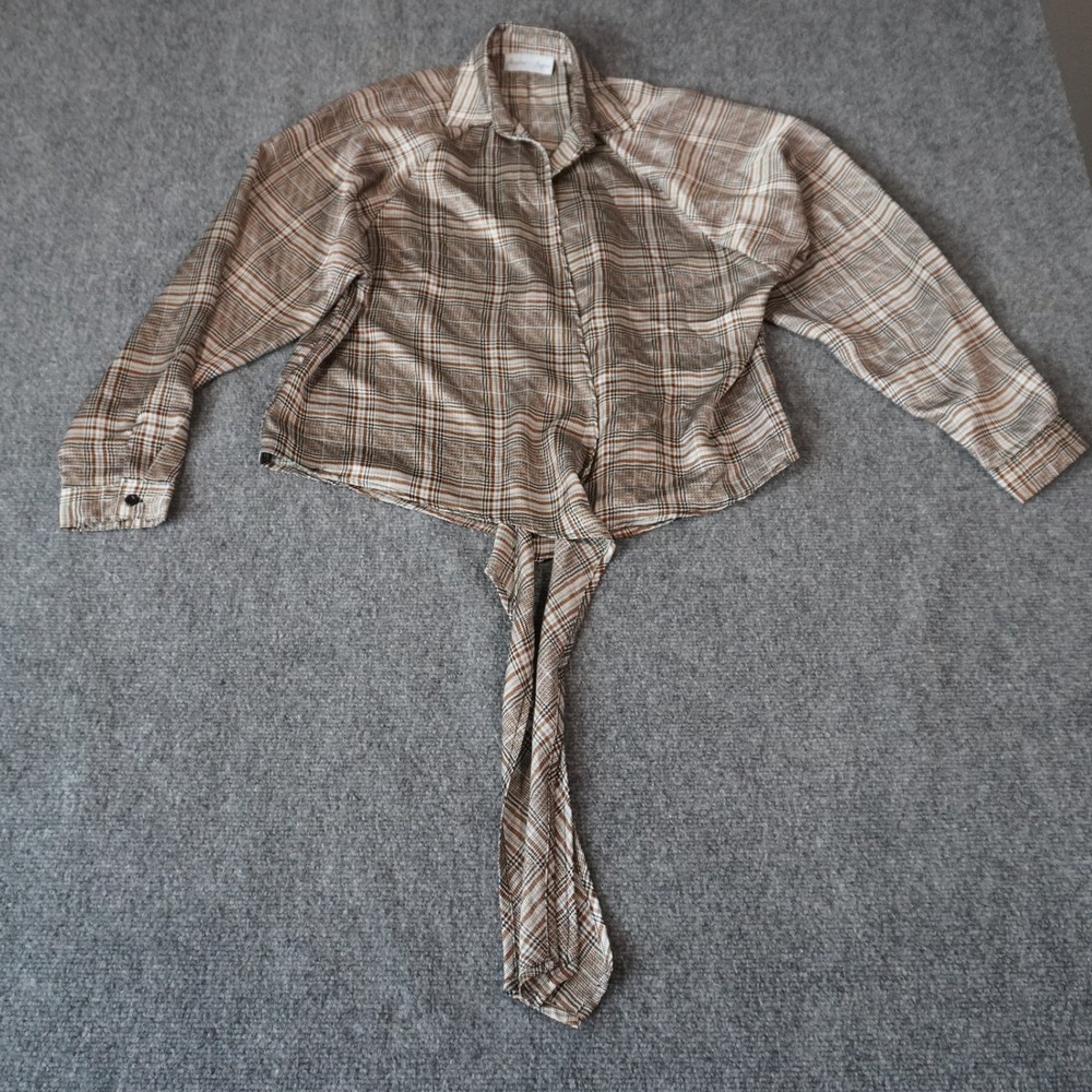 Shoreline Sugars Plaid Tie Front Long Sleeve Blouse Top Brown S